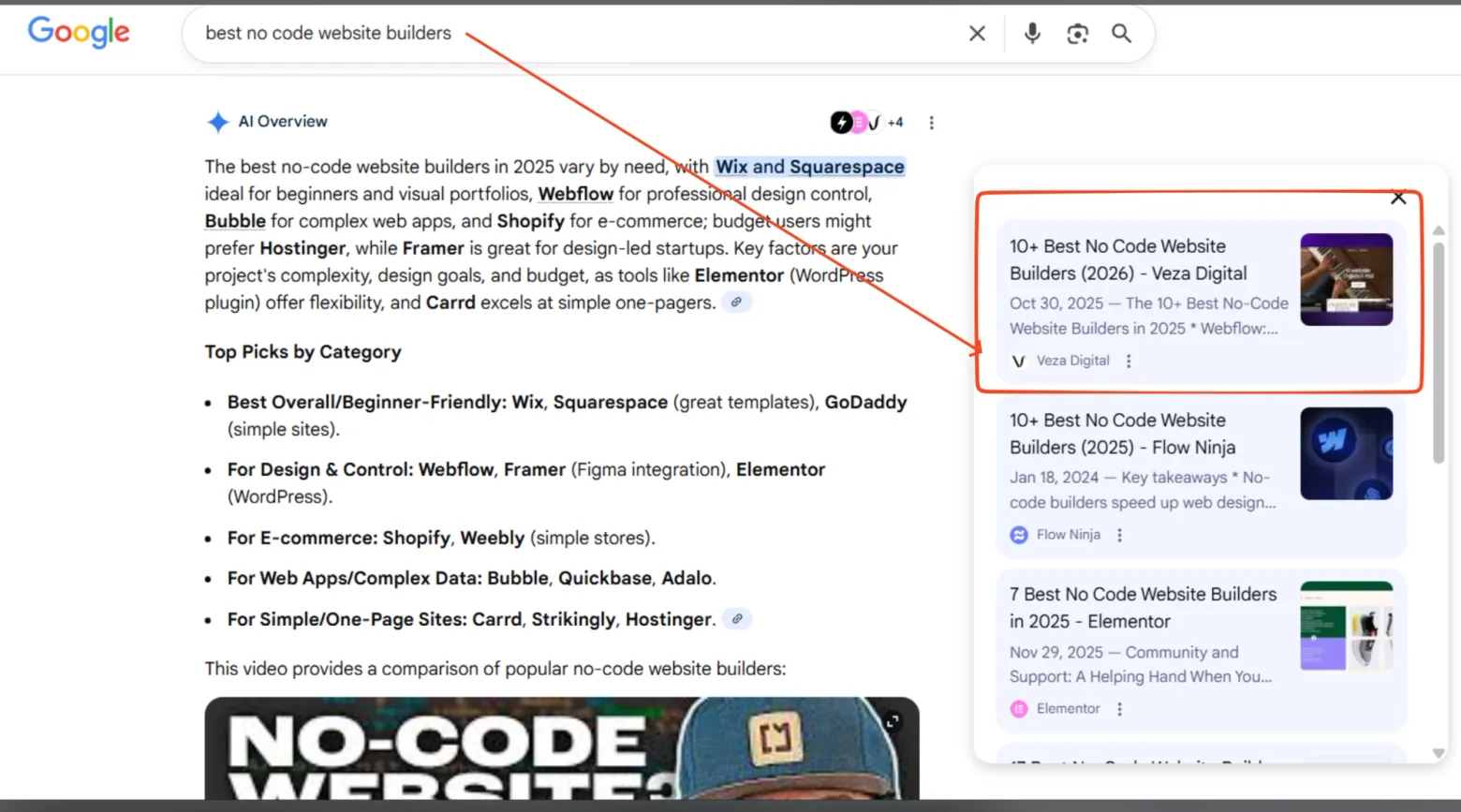 Google AI Overview for the query best no code website builders, with the sources panel expanded and a Veza Digital article titled 10+ Best No Code Website Builders (2026) highlighted as a cited source.