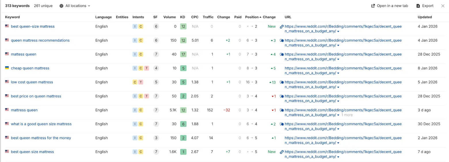Ahrefs keyword table showing 313 keywords, 261 unique, for the r/Bedding thread, with queen mattress terms at positions 2 to 5.