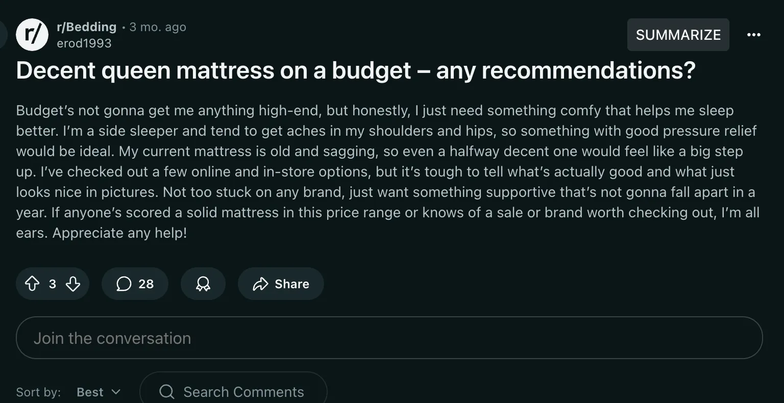 Reddit thread in r/Bedding titled Decent queen mattress on a budget, any recommendations, with 3 upvotes and 28 comments.